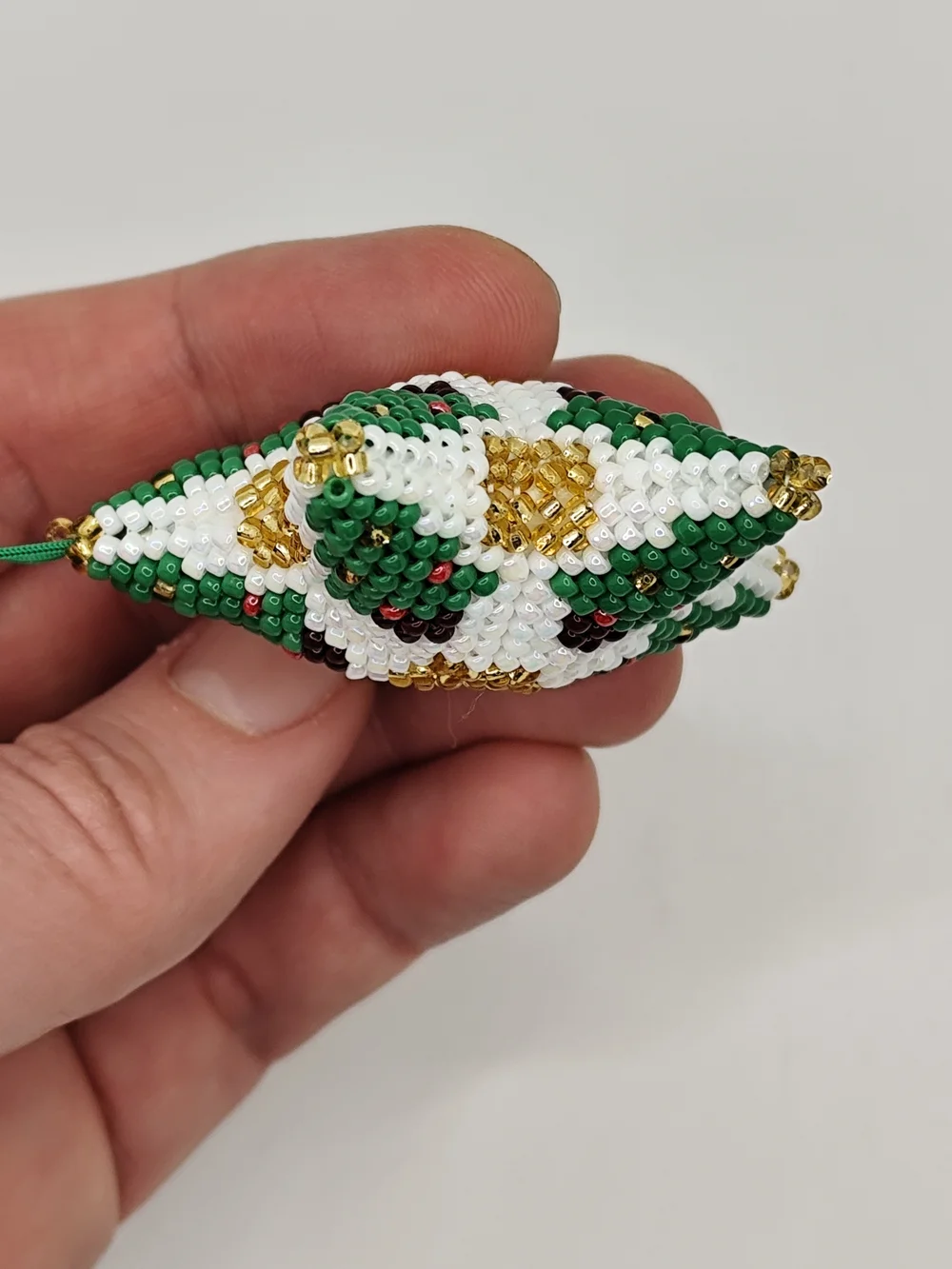 Handmade Beaded Green and White Star Holiday Ornament
